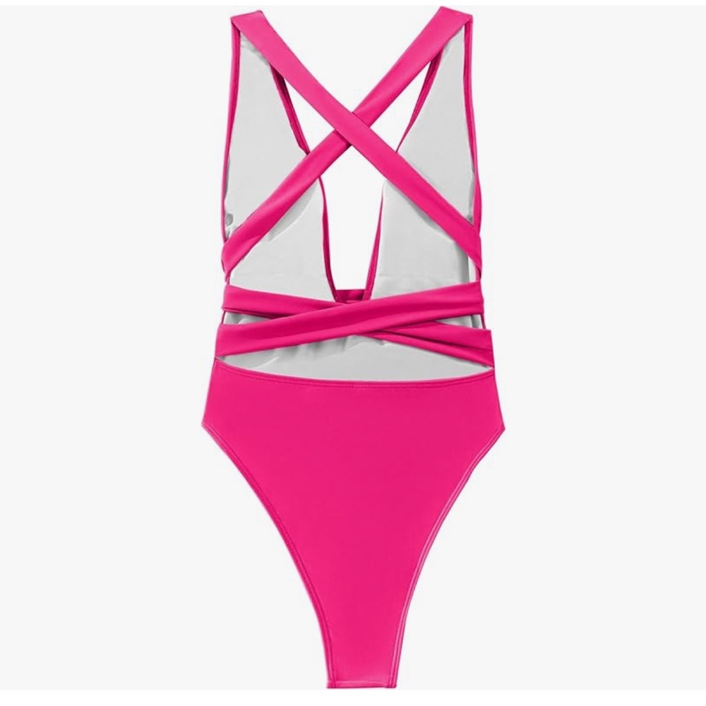 Sexy Pink Tie Criss Cross Plunge One Piece Thong High Cut Brazilian Bathing Suit - Picture 5 of 6